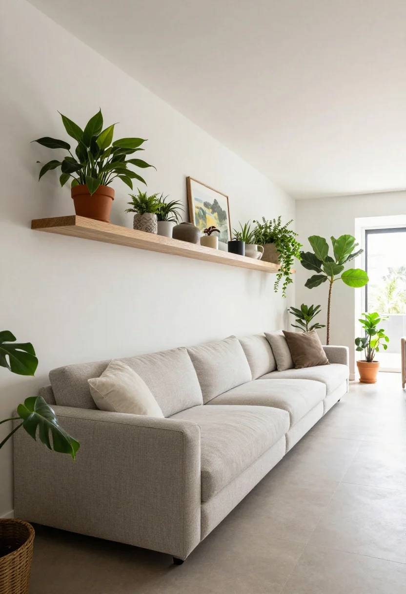 Wide shot emphasizing length: a sofa aligned parallel to the room’s longest wall, creating a clear 3-foot walkway; layers of seating and plants arranged along the sides rather than the ends; a long panoramic artwork and a linear floating shelf above the sofa echo horizontal lines; bright, natural light draws the eye across the room, low, wide angle to stretch the space