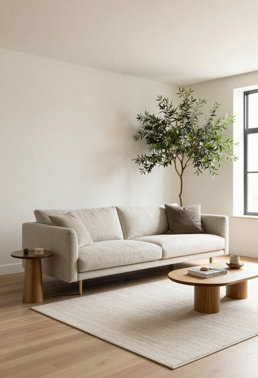 Wide shot from a corner angle: Thoughtfully edited furniture layout—sofa floated 8 inches off the wall, a correctly sized rug with the front legs of the sofa and chairs resting on it, side tables at near armrest height for easy reach, and visual balance achieved with a tall olive tree opposite a substantial sofa. Even, diffused daylight; open traffic flow with clearly defined zones that feel professionally planned.