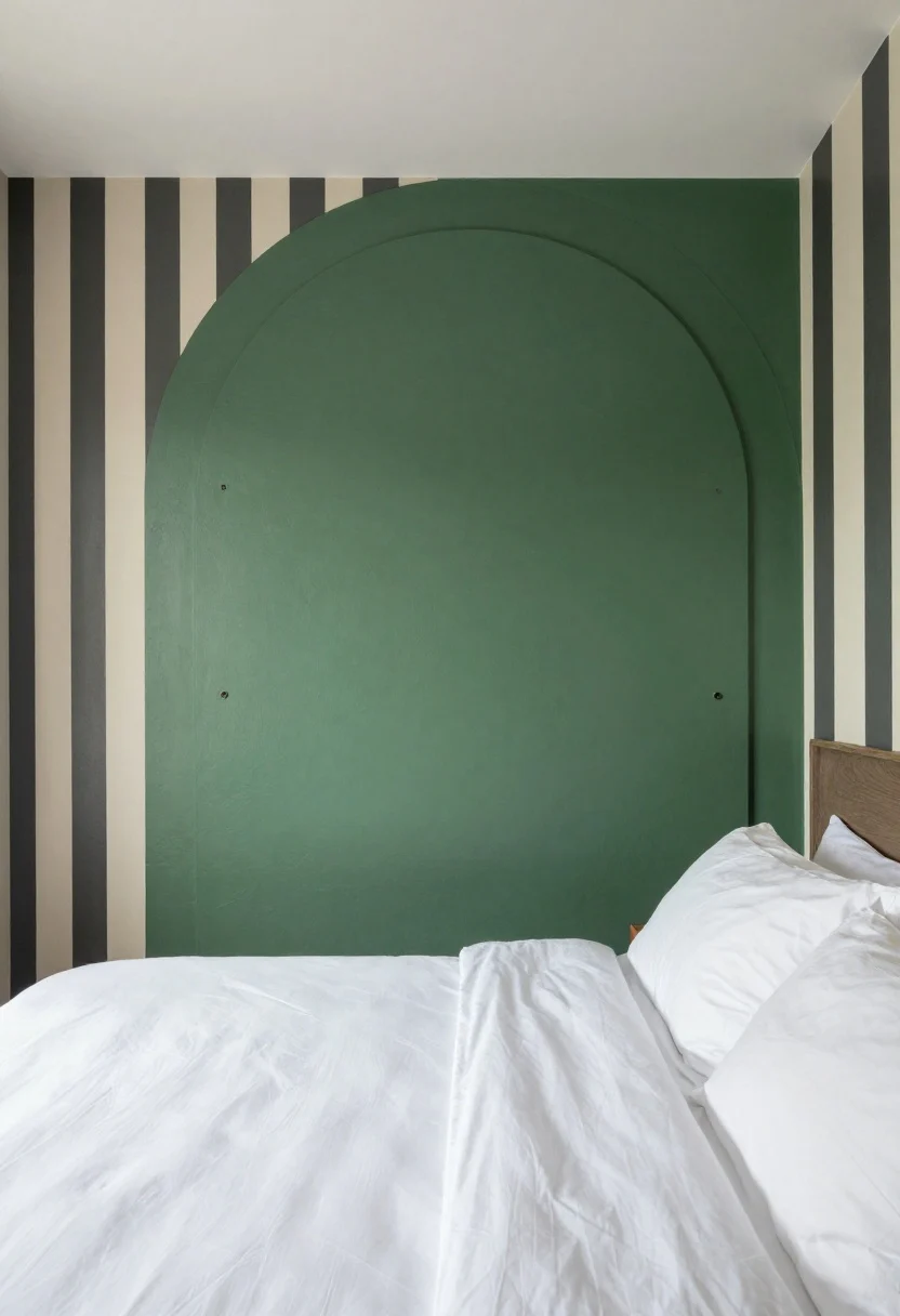 Wide shot of a bedroom wall with a painted faux headboard behind the bed: a tall arched panel in saturated forest green, slightly wider than the mattress by 4–8 inches per side, about 42 inches high. Optionally show a second version with a crisp rectangle in charcoal for a modern look, and a vertical-stripe wallpaper panel alternative. Matte paint finish that hides wall texture; clean white bedding, simple nightstands. Even, diffused daylight; composition emphasizes silhouette, proportion, and color without a physical headboard.