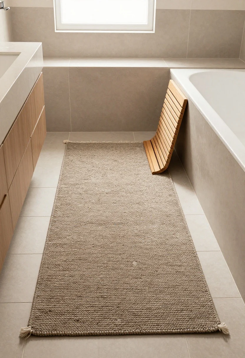 Wide shot of a compact bathroom floor showing how a properly sized rug elevates the space: a Turkish-style flatweave runner in tonal shades of warm greige and soft taupe extending from vanity to tub, set over light tile. Include a teak bath slat mat leaning near the tub edge and a discreet non-slip rug pad peeking slightly at one corner to suggest function. Neutral palette, spa-like mood, soft natural daylight from a small window. The old tiny mat is absent—focus on the larger runner’s texture and pattern that subtly hides water spots.