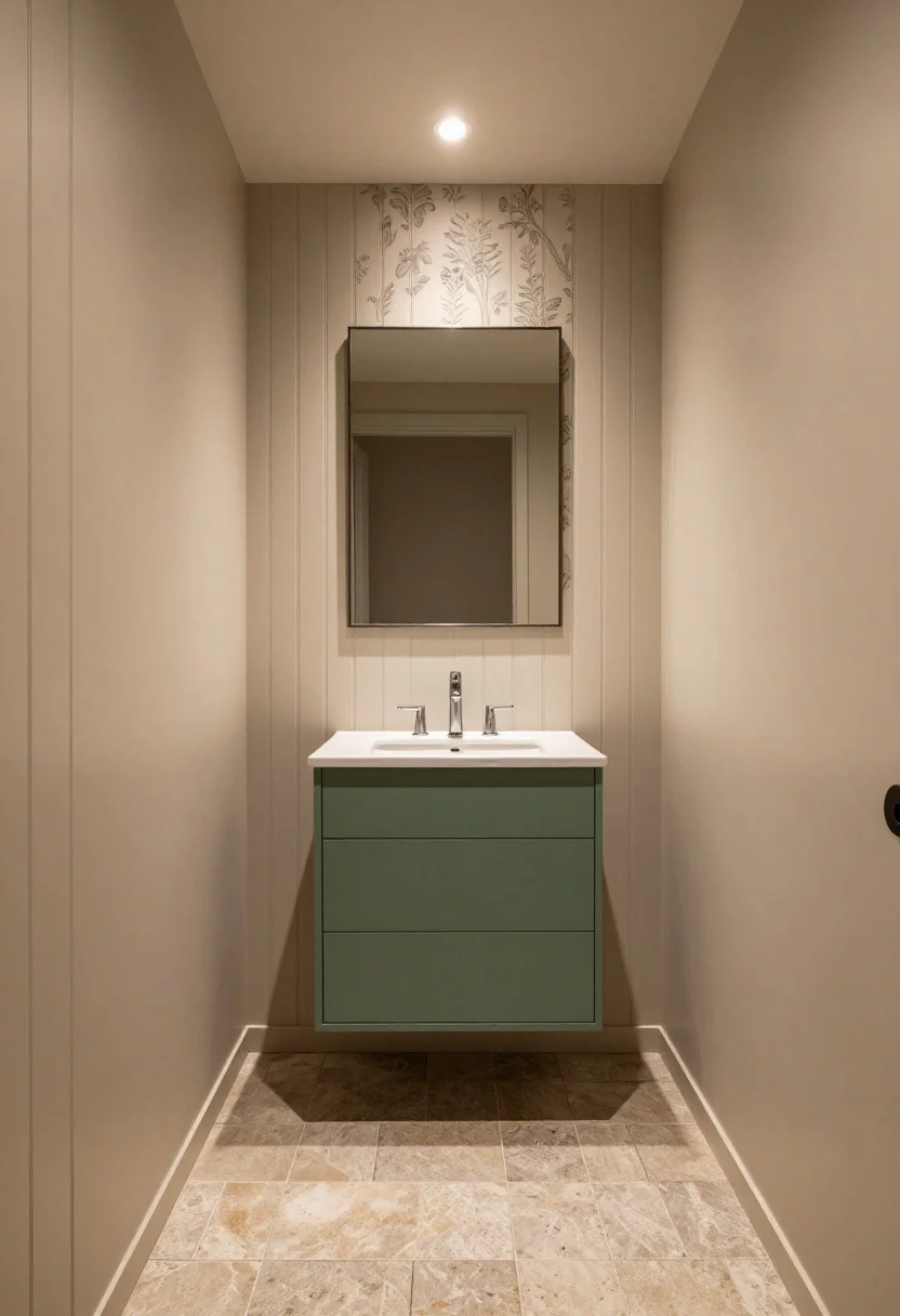 Wide shot of a small bathroom highlighting contrast, vertical lines, and scale: mid-tone eucalyptus green vanity against light warm greige walls, with skinny vertical beadboard/paneling reaching two-thirds height to draw the eye up. Large-format floor tiles in a stone-look reduce grout lines. Add a single “wow” feature: a small wallpaper panel with a subtle botanical motif framed above the toilet, plus a softly tinted ceiling (10–20% of wall color). Balanced, warm lighting and clean, layered materials for a designer-made feel.