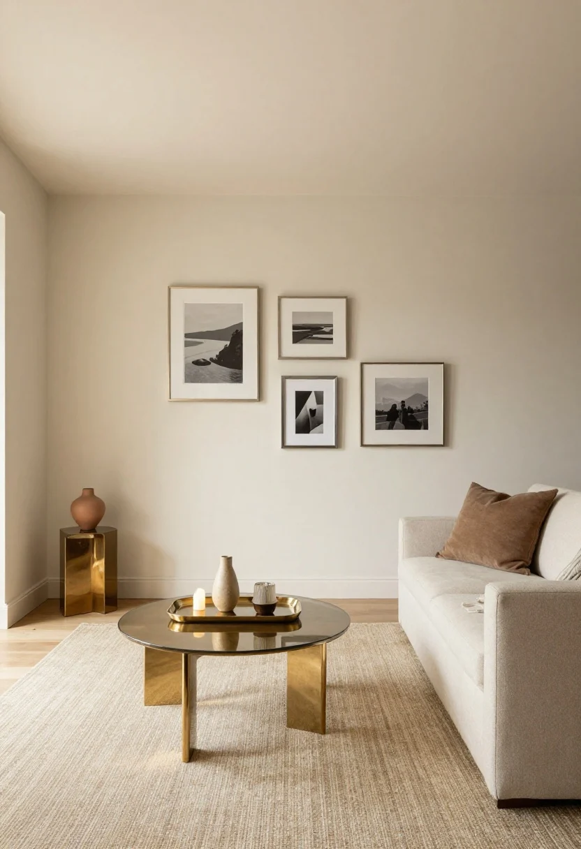 Wide shot of a small living-dining space painted in soft warm off-white (Swiss Coffee) with a slightly brighter ceiling in satin sheen, capturing how finishes bounce light. Floors feature a low-contrast natural fiber rug with a subtle pattern; accents include brushed brass and chrome picture frames, a lacquered side table, and a high-gloss tray catching lamp light. Add a dusty sage throw and muted terracotta vase for mid-tone color notes, under warm, even artificial lighting that feels cozy, not stark.