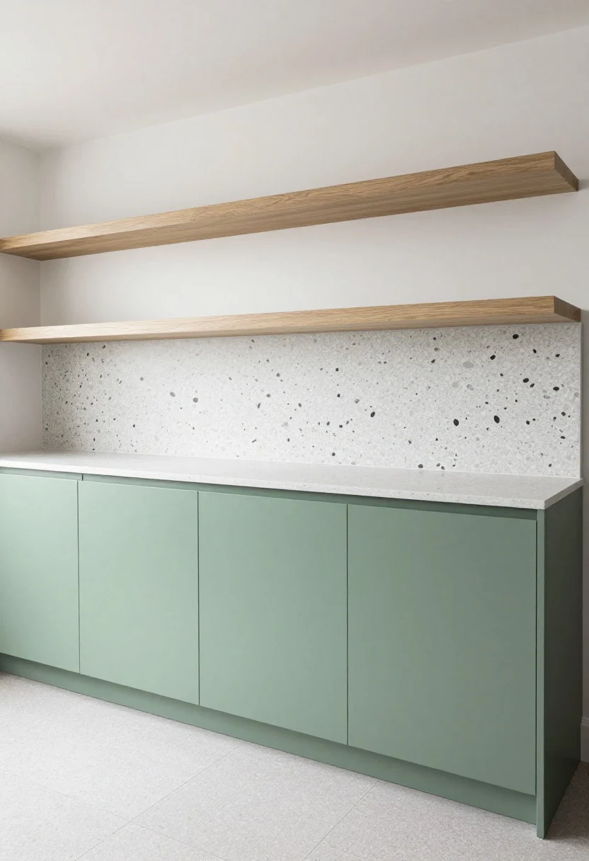 Wide shot of a terrazzo slab backsplash with medium-to-big chips in white base, flecks echoing the sage-green lower cabinet color and warm gray from uppers; matte finish to keep the look calm; slab runs to the ceiling behind floating white oak shelves; simple white counters; daylight streams in, playful yet polished vibe; angled view from the island to capture height and speckle variety