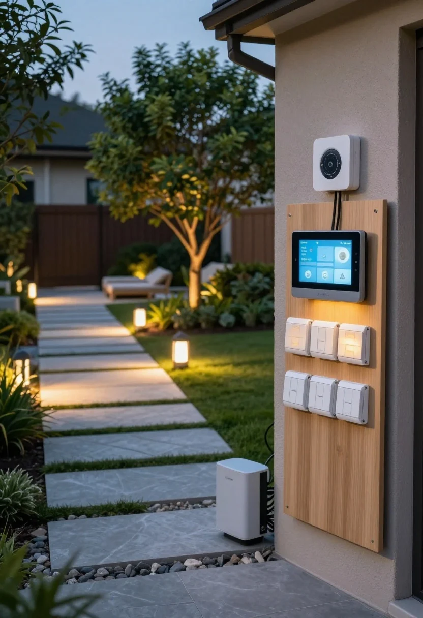 Wide shot of a tidy outdoor equipment nook at dusk highlighting smart controls: low-voltage transformer with built-in timer, outdoor smart switch modules, dimmers, and a photocell sensor mounted neatly on a weatherproof board near the house; subtle background view of zoned landscape lighting—paths, a focal tree, and seating—each circuit glowing at different levels to imply layered control; warm presets set to 2700K–3000K; include labeled cabling and a compact smart hub; perspective: straight-on documentation-style shot with the softly lit yard in the background, photorealistic.