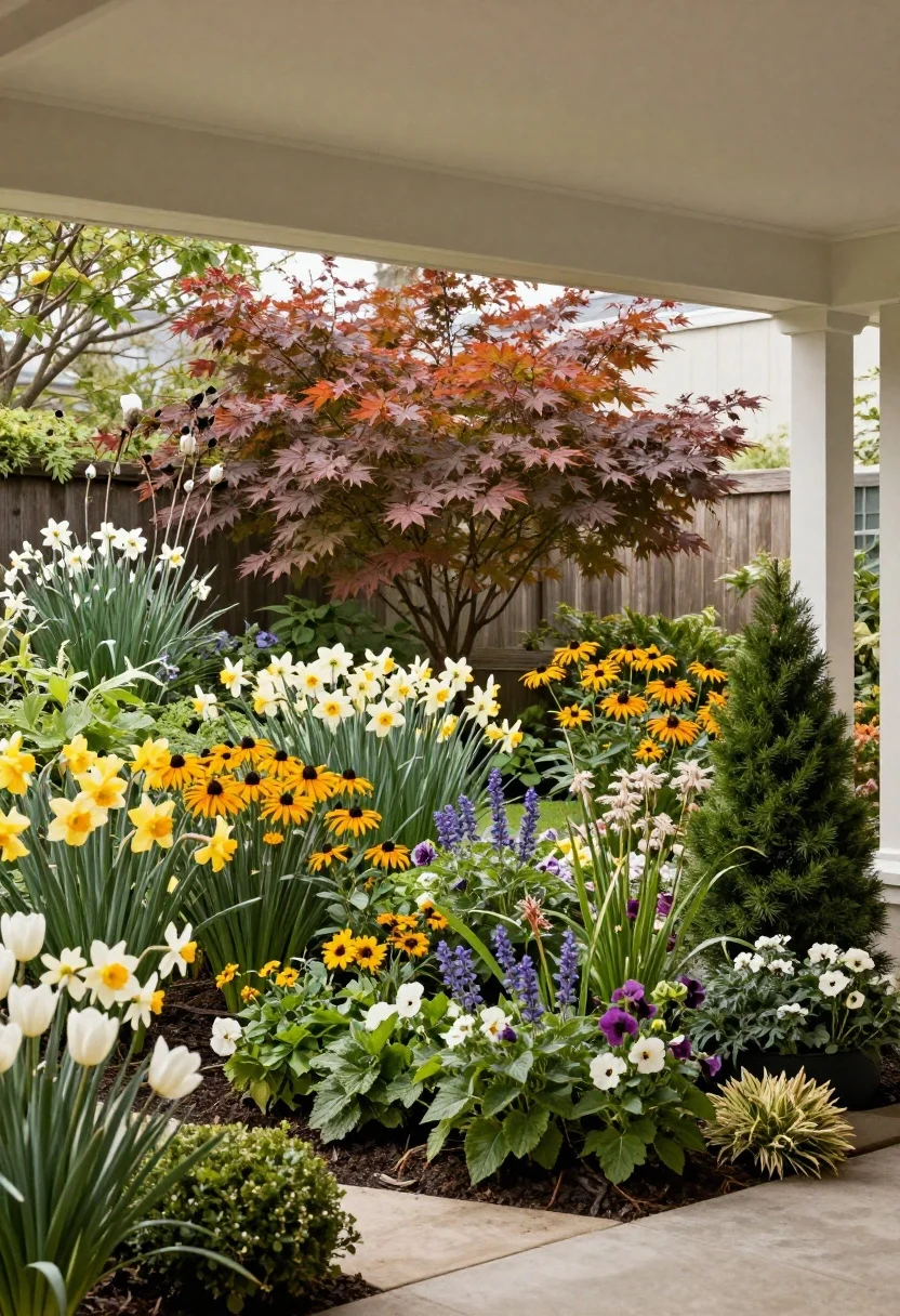 Wide shot of a yard planned for four-season color: spring bulbs (tulips and daffodils) layered beneath summer perennials (black-eyed Susans, salvia), with fall foliage stars (burning bush, Japanese maple) and winter structure from dwarf conifers and boxwood. Some spent seed heads left standing for winter interest and birds. The composition highlights a rolling calendar of blooms and textures; soft natural daylight with subtle shadows.