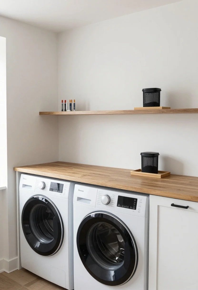 Wide shot: Side-by-side washer and dryer topped with a water-resistant counter—sealed butcher block with a subtle back lip to stop items from rolling; a slim bridge shelf spans the machines, hiding the gap; a small tray holds stain sticks and a compact lidded lint bin; palette is white cabinetry, natural wood counter, and black accents; clean lines and a calm, organized mood; bright, even overhead lighting; straight-on view that highlights the new folding zone.