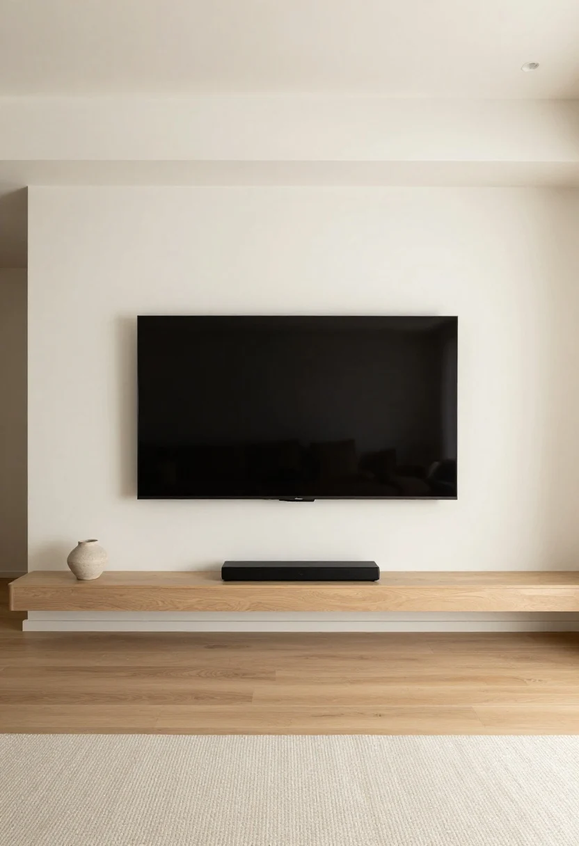 Wide shot, straight-on view of a living room media wall with a full-height matte black panel slightly wider than the wall-mounted TV, hidden cables routed through a discrete grommet, a slim picture ledge just below holding a low-profile black soundbar and a small ceramic object; clean plaster-effect side walls, walnut floors, soft warm-white ambient lighting, contemporary minimalist decor, photorealistic, no people.