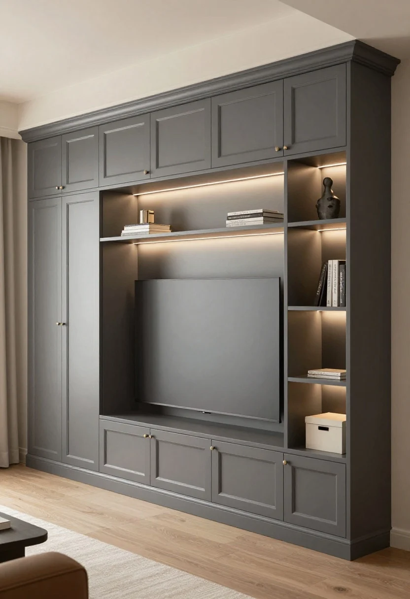 Wide shot, straight-on view of custom built-ins framing a TV: closed cabinetry below, open shelves above and flanking, all painted one cohesive satin-finish color (deep warm gray) including the back wall; adjustable shelf lighting glows softly; a few books and storage boxes on shelves; a few inches clearance around the TV; tidy, high-end feel, photorealistic, warm-white lighting.