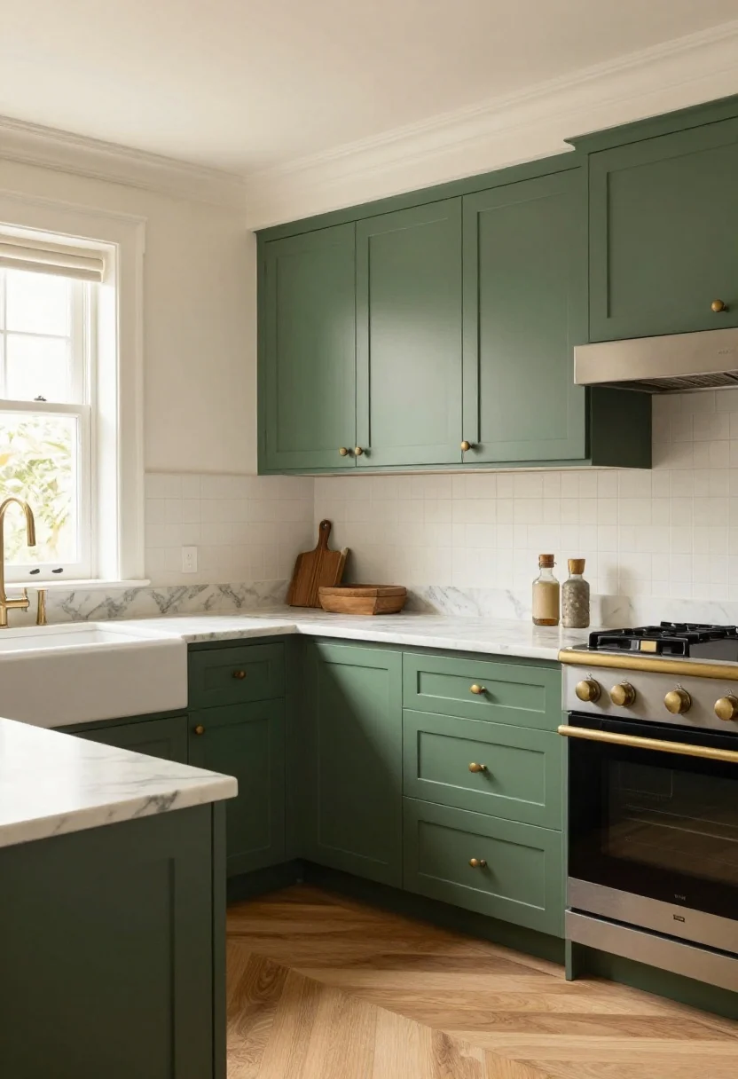 Wide, slightly angled view of a cozy, luxe kitchen with forest green lower cabinets and creamy warm white uppers and walls; aged brass or matte black hardware on cabinetry; marble-veined quartz countertops with subtle gray veining; a simple vintage-style runner on warm wood floors; soft, even natural light from a nearby window, creating a calm, cottagecore-meets-modern mood; no people.
