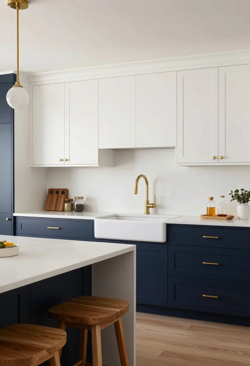 Wide, straight-on photorealistic kitchen scene featuring matte or satin deep navy lower cabinets with crisp white upper cabinets and walls; warm brass details throughout including brass cabinet pulls, wall-mounted brass globe sconces, and a bridge faucet over a white farmhouse sink; warm wood butcher block accents and two warm wood counter stools at a white island; soft, warm white ambient lighting that reflects gently off the brass, highlighting the navy’s richness; clean, uncluttered counters; no people.
