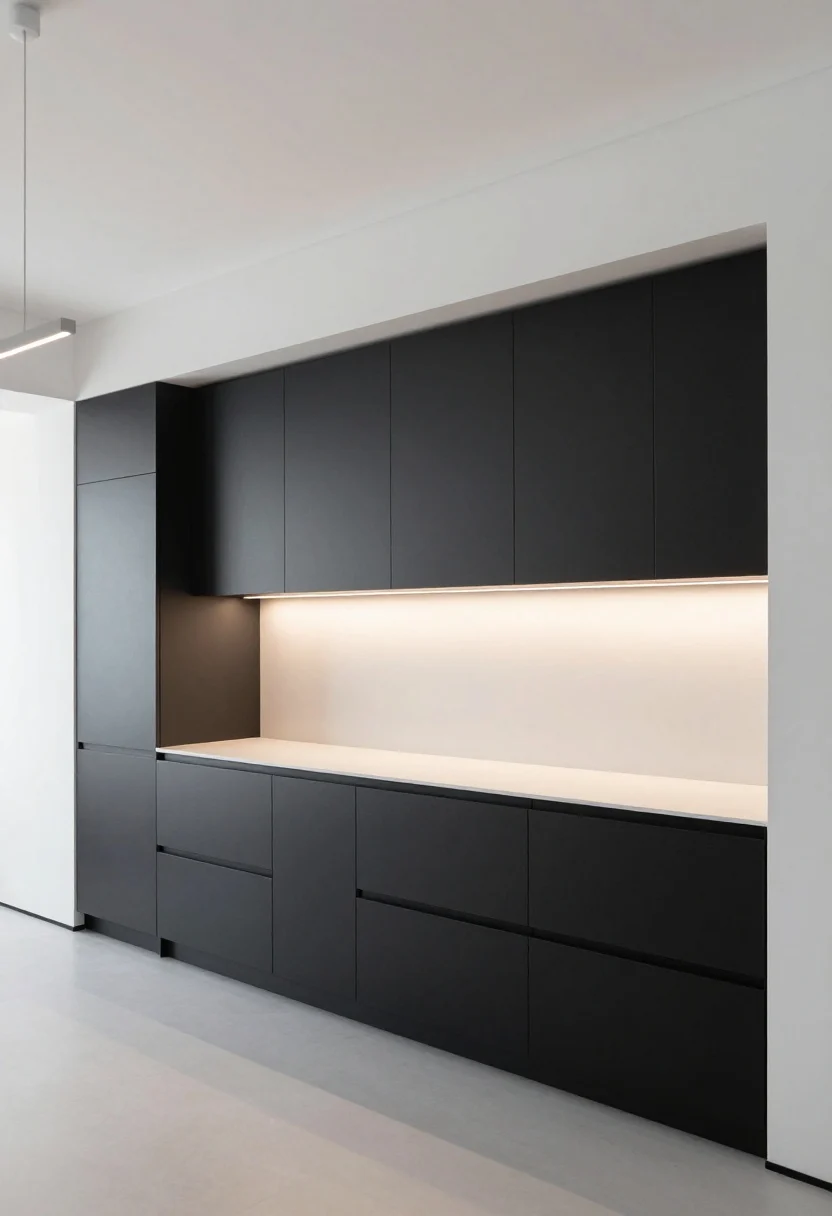 Wide, straight-on photorealistic kitchen with matte black flat-panel, handleless cabinets on both base and tall runs, white walls, slimline linear pendant lighting, and clean sightlines; integrated pulls, continuous LED undercabinet strip lighting casting a soft glow on a minimal white countertop; no clutter, minimal styling, subtle reflections suppressed by the matte finish; bright, even daylight balanced with warm undercabinet task lighting.