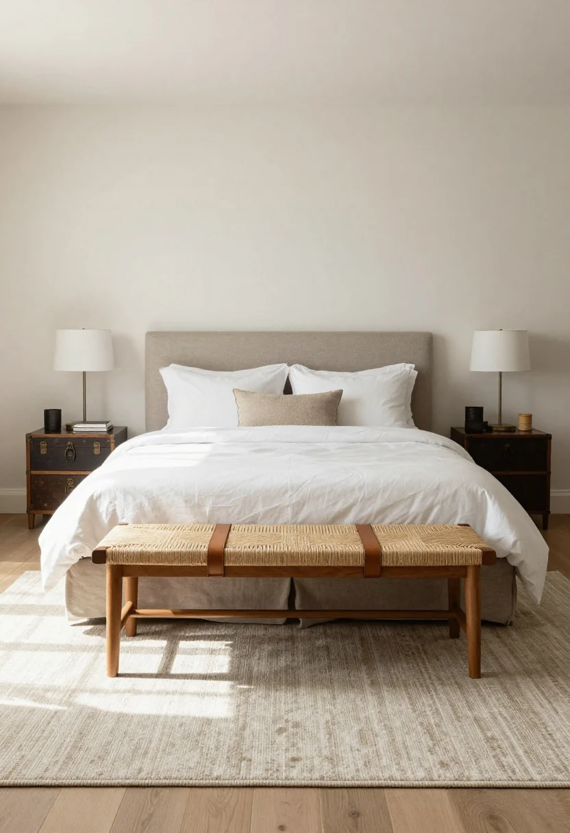 Wide, straight-on shot of a bed with no headboard, visually balanced by a substantial bench at the foot: length is approximately three-quarters the bed width. Offer texture-contrast options: woven bench in natural fiber, leather-strap seat, or a plush bouclé ottoman; or a vintage storage trunk for practicality. A plush area rug extends at least 24 inches beyond the bed sides. Natural daylight with gentle shadows; composition emphasizes grounded, finished feel and layered foundation.