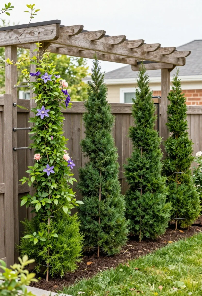 Wide, straight-on shot of a compact backyard featuring vertical elements: a wooden arbor over a gate, paired trellises mounted securely to a fence, all supporting climbers (clematis twiner and climbing roses). A slender living green screen of evergreen vines provides privacy along one side. Neatly tied plant growth with visible plant ties, early-season pruning evident for shaped canopies. Soft morning light highlighting the height and drama without shrinking the lawn.