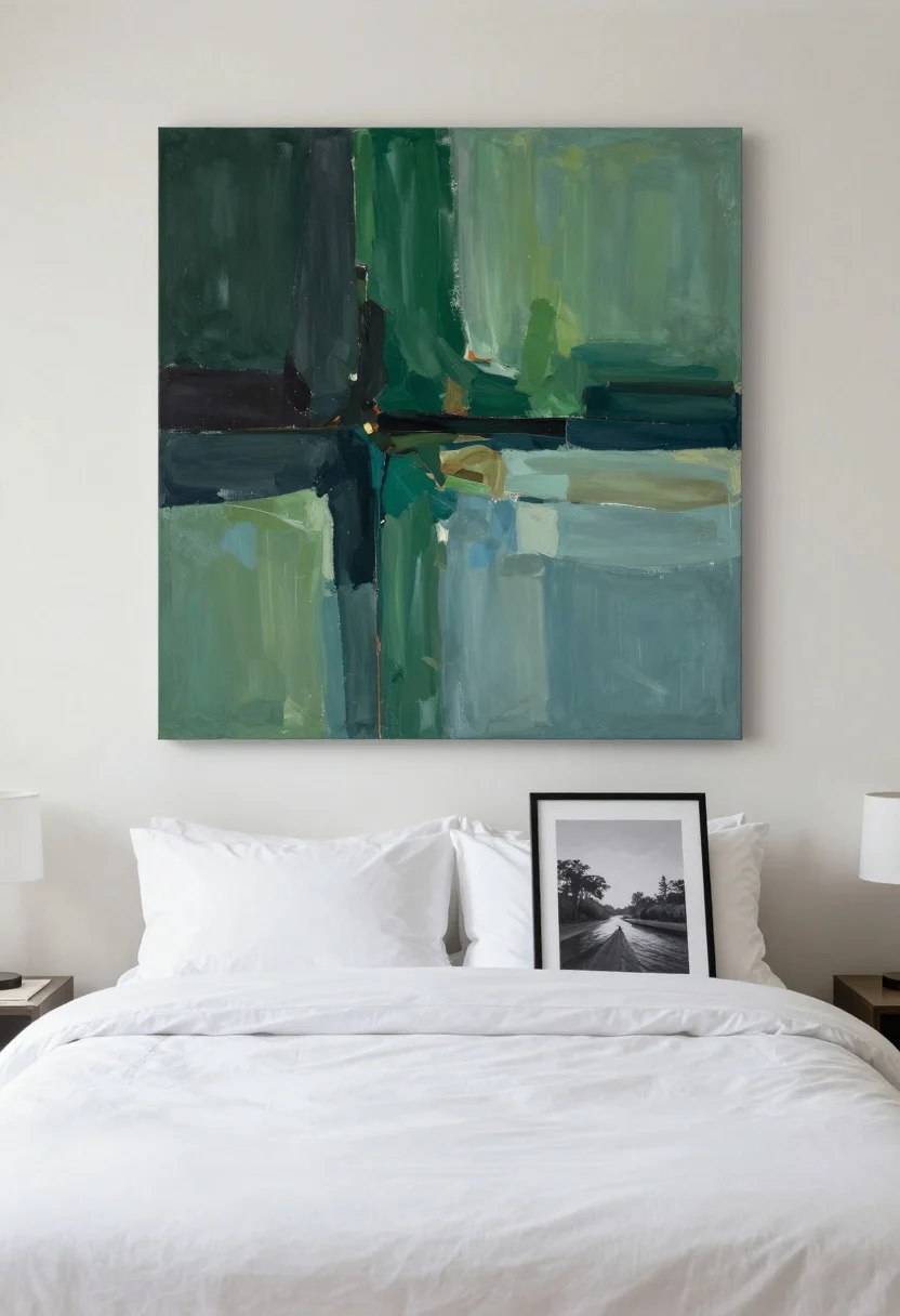 Wide, straight-on shot of a modern bedroom without a headboard, centered on a queen bed with crisp white bedding; above the pillows hangs one bold oversized artwork roughly 45 inches wide, bottom edge 8 inches above the pillows. Offer three styling options for the art: a saturated abstract with deep forest green and charcoal tones, a calming landscape in muted greens and blues, or a black-and-white photographic print in a thin black frame. Use soft natural daylight from a side window; include option for renter-friendly setup with the framed piece leaning on a low, narrow shelf behind the bed. Clean, minimal furniture, neutral walls, and visual weight focused on the large art.