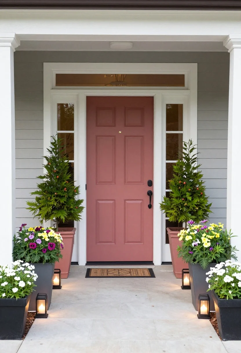 Wide, straight-on view of a front walk framed with symmetry and color: matching tall planters flanking the front door, each with thriller-filler-spiller composition in coordinated hues; compact flowering perennials in low bands along both walkway edges to keep sight lines open; evenly spaced path lights every 6–8 feet casting a soft glow. Clean, uncluttered entry with a timeless, tailored feel at blue hour.