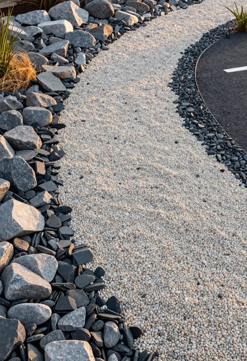 5–2 inches of decorative gravel; soft transitions between cool gray limestone, creamy pea gravel, and charcoal slate chips feathering into one another; contrasting sizes with pea gravel path blending into angular grit near plant crowns and chunky river rock edging; permeable landscape fabric edges hinted at under the surface; warm late-afternoon golden hour light grazing the stones to reveal texture and tone depth; no hard borders, naturalistic gradation, parking-lot look avoided.