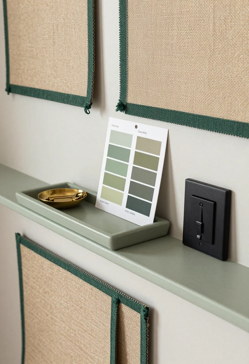 Closeup overhead detail: a 2–3 inch painted ledge cap atop sage beadboard holding small mail tray and brass key dish, next to a sample swatch card showing forest, sage, and olive paint chips under 2700–3000K light; fabric sample of jute runner with green border and a matte black switch plate nearby; textures and color palette cohesion emphasized; photorealistic, no people.