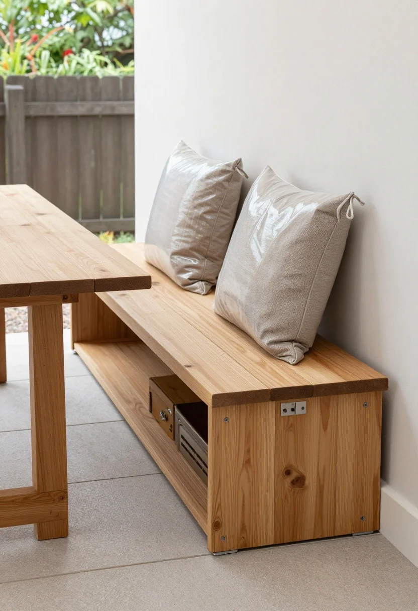 Corner angle medium shot of a built-in bench transforming an awkward patio edge: a straight 9-foot cedar bench, 18 inches high and 17 inches deep, integrated along a fence line with concealed brackets; a dining table sits opposite with 20 inches of knee clearance between bench front and table edge; hinged bench seat slightly ajar showing ventilated storage with stainless hardware; 4-inch-thick outdoor cushions in solution-dyed acrylic with ties, plus a subtle 5–10° reclined backrest for comfort; materials coordinate with surrounding hardscape; calm, continuous lines and uncluttered walkway.