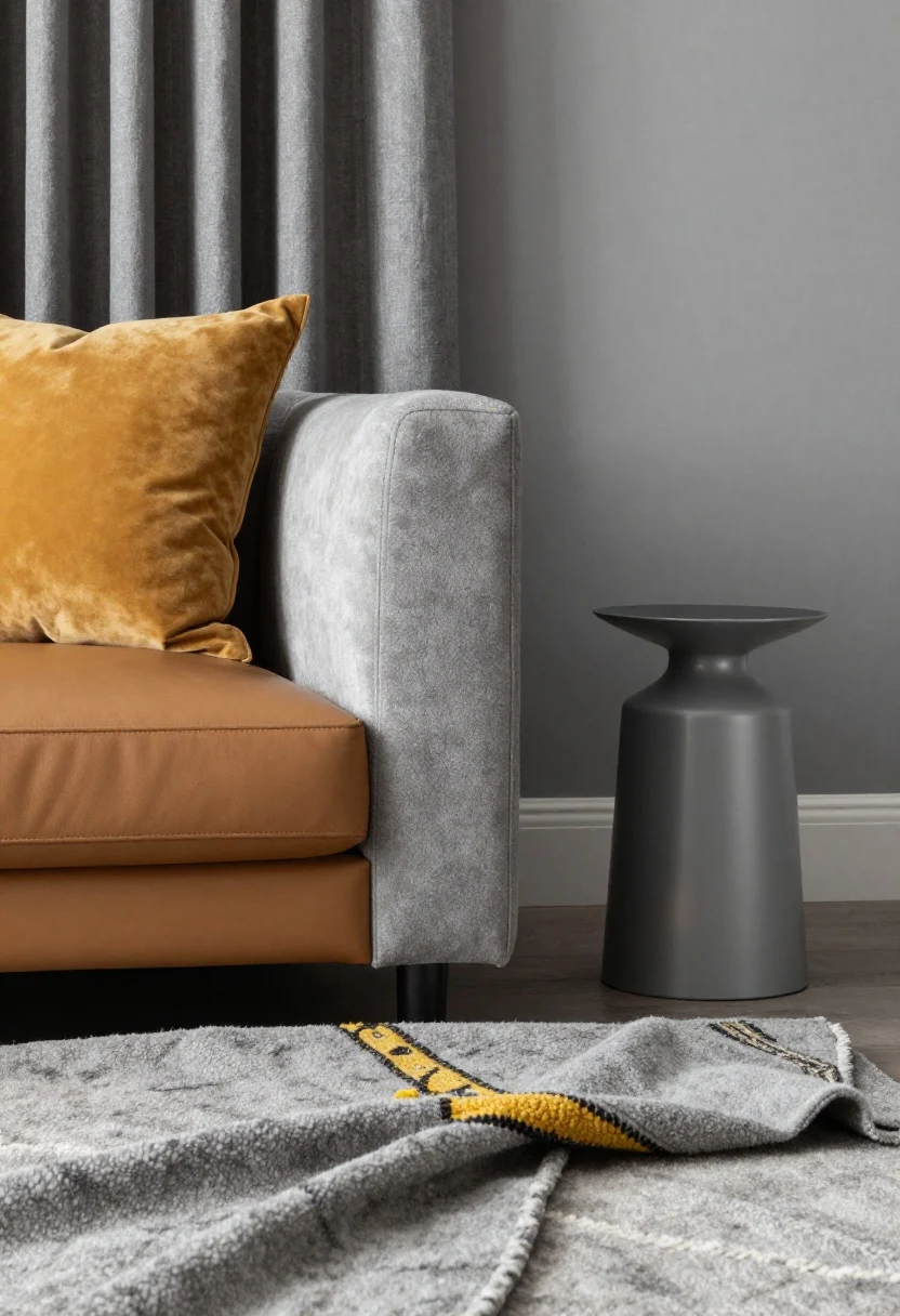 Detail closeup, angled from sofa corner: A tactile composition showcasing layered textures—boucle armchair in soft grey, smooth caramel leather ottoman, grey linen curtain panel, and a goldenrod velvet cushion catching soft afternoon light. Foreground includes a grey wool rug with subtle pattern, partially overlaid by a small yellow kilim accent. Matte grey wall contrasts with a satin-finish lamp base nearby to highlight matte vs gloss interplay. Emphasis on nubby, velvety, woven, and smooth textures.