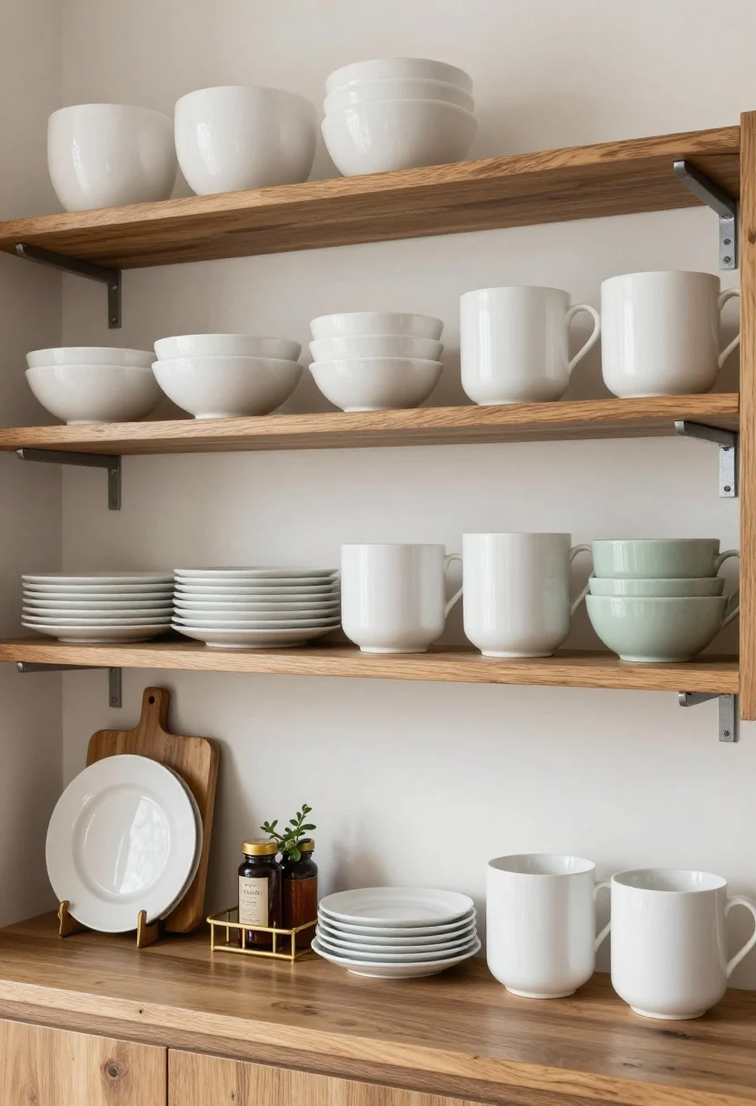Detail closeup: Curated open shelving mounted 16–20 inches above the counter, styled in a tight palette of white ceramics, warm wood tones, and one soft sage accent; mix stacked plates, a leaned vintage cutting board, a small plant, and groupings in threes; sturdy floating steel brackets visible; a short brass gallery rail corrals oils and spice jars; soft natural side light emphasizing textures; overhead-to-oblique angle, photorealistic.