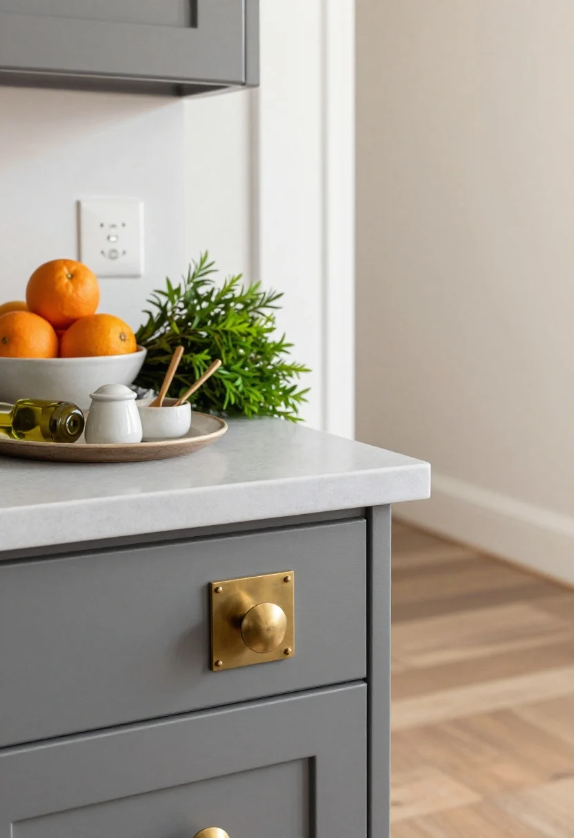 Detail closeup: Designer finishing touches on a countertop vignette—one handsome tray holding olive oil, a ceramic salt cellar, and a wood spoon; a fresh element with a bowl of citrus and a small market-green bouquet; substantial 5–8 inch brushed brass drawer pulls paired with black lighting glimpsed in the background; matte screwless switch plate on the wall; a vintage-inspired runner on the floor with matte-finish planks running parallel to the longest wall; soft morning light, shallow depth of field, photorealistic.