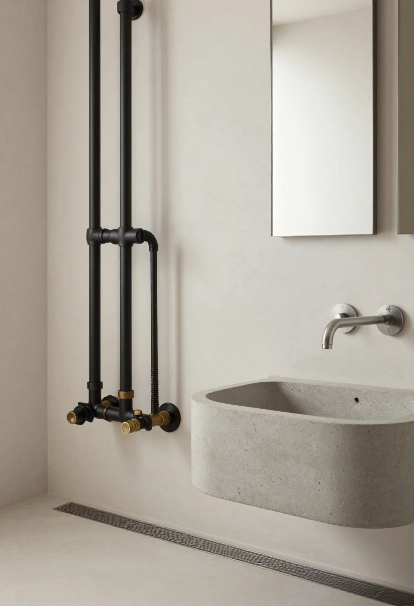 Detail closeup: Hardware with attitude—exposed shower plumbing running along the wall in blackened brass with visible valves, knurled wall-mount faucet over a concrete vessel sink, and a steel-framed pivoting mirror edge in view. Linear drain slit in the floor keeps lines clean. Focus on mechanical details and textures under soft, directional light, side angle macro-style, photorealistic.