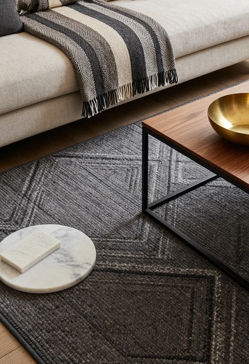 Detail closeup, oblique angle: A tactile vignette layering textures—tight-weave wool rug in charcoal under a walnut coffee table with blackened steel frame; a stack of wool and bouclé pillows in herringbone and tonal pinstripes on a linen-upholstered sofa edge; a honed marble coaster and a slice of soapstone on the table. Subtle geometric pattern in the rug, brushed brass bowl catching warm light. Emphasis on the feel of materials; shallow depth of field; warm, diffused lighting.