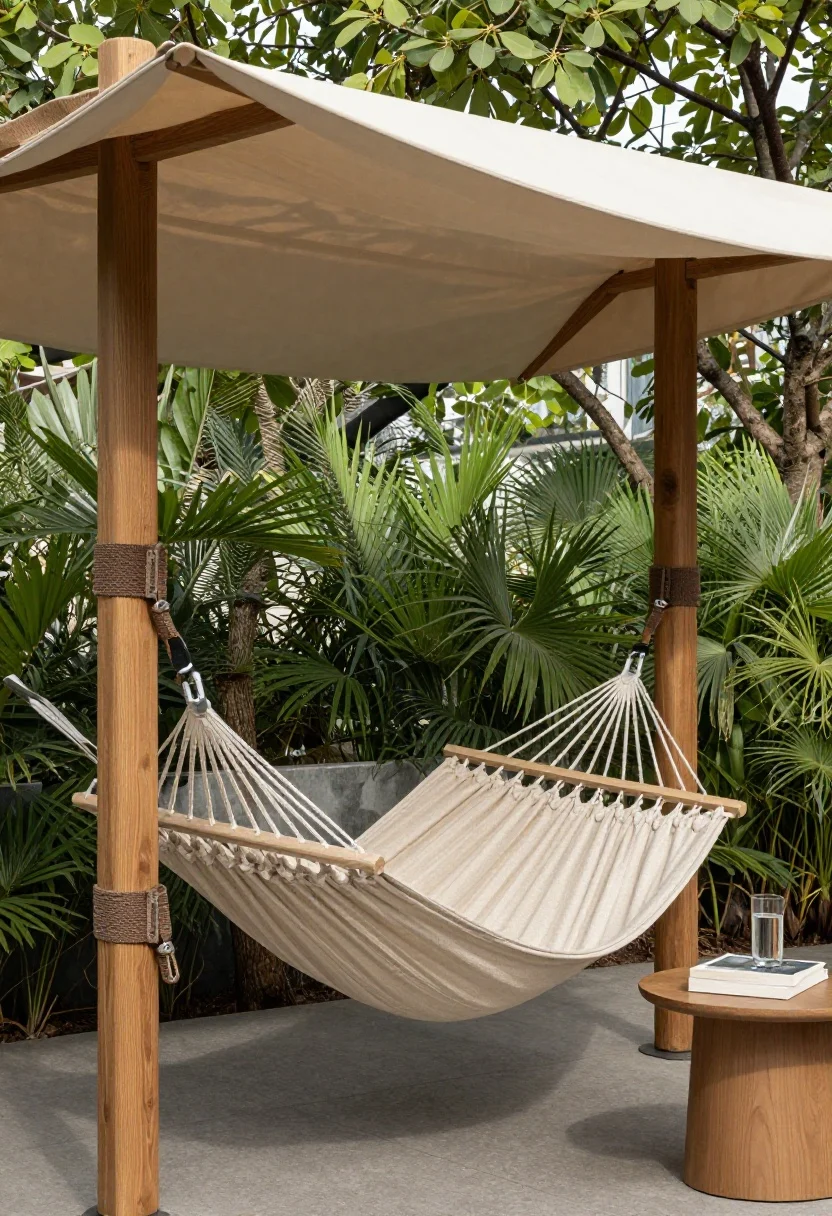 Detail closeup of a shady hammock corner focusing on textures and rigging: gathered-end fabric hammock in solution-dyed acrylic, hung between two hardwood posts with tree-friendly straps and rated carabiners; suspension lines set at a 30° angle, the occupied seat height intended to be 18–20 inches; dappled shade from a clip-on canopy overhead; a small side table 20 inches high holds a book and water; leafy backdrop and cool microclimate feel; crisp focus on weave of fabric, strap protection around trunk/post, and hardware integrity; tranquil, breeze-cooled mood.