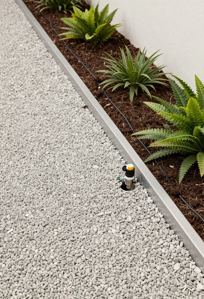Detail closeup of the smart low-maintenance setup: a discreet steel edge bordering a plant bed, showing the separation between washed, angular gravel and soil; visible drip lines tucked neatly under the gravel with a small inset view of a pressure regulator and filter at the source; surface graded with a gentle 2% slope away from a structure; crisp, compacted gravel that tracks less; late-afternoon neutral lighting to reveal cleanliness and organization; emphasis on practicality and tidy installation.