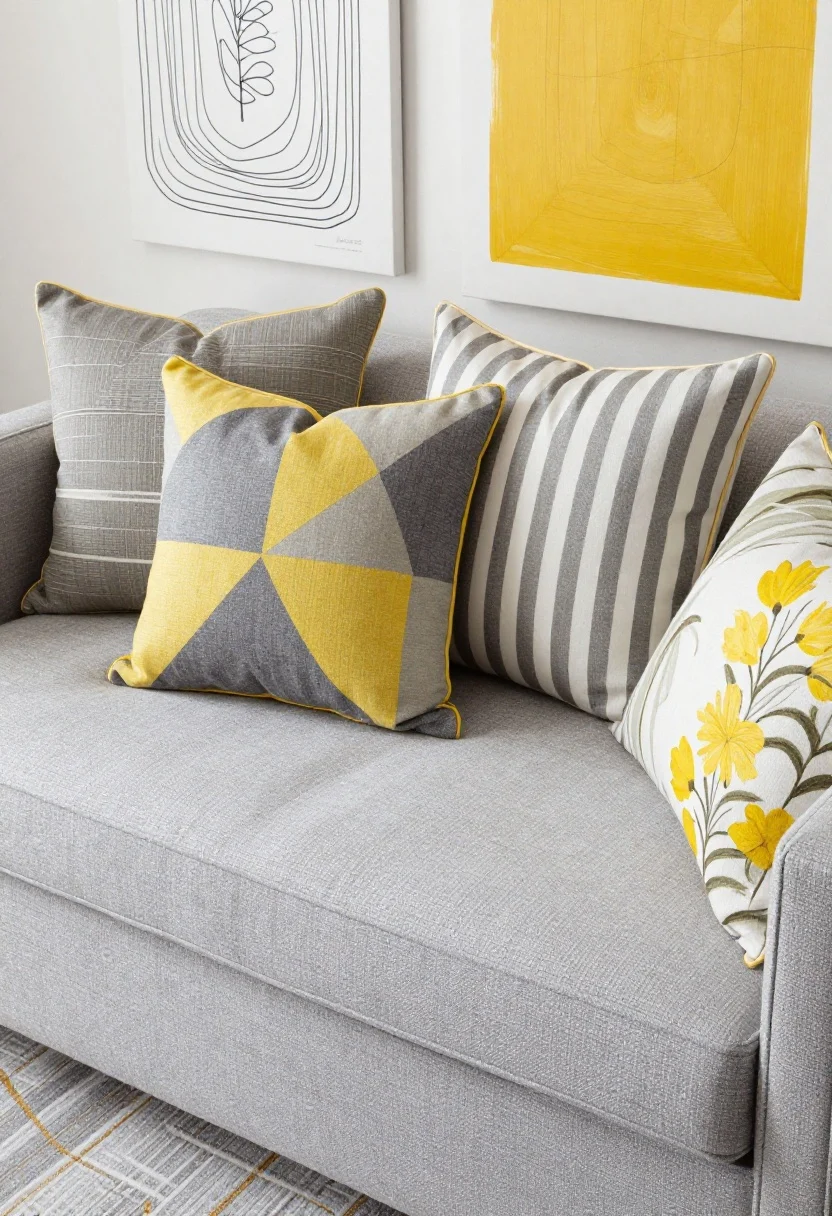 Detail closeup, overhead styling shot: A coffee-table-and-sofa-edge scene emphasizing pattern play. A grey geometric rug with faint gold threads sets the canvas. On the sofa corner are three coordinated pillows: one large-scale geometric print in grey/yellow, one small-scale grey-and-white stripe, and one subtle botanical with yellow accents. Nearby on the wall edge, the bottom of a black-and-white line drawing is visible, with a yellow abstract canvas adjacent for contrast. Natural light highlights the interplay of large, medium, and small pattern scales.