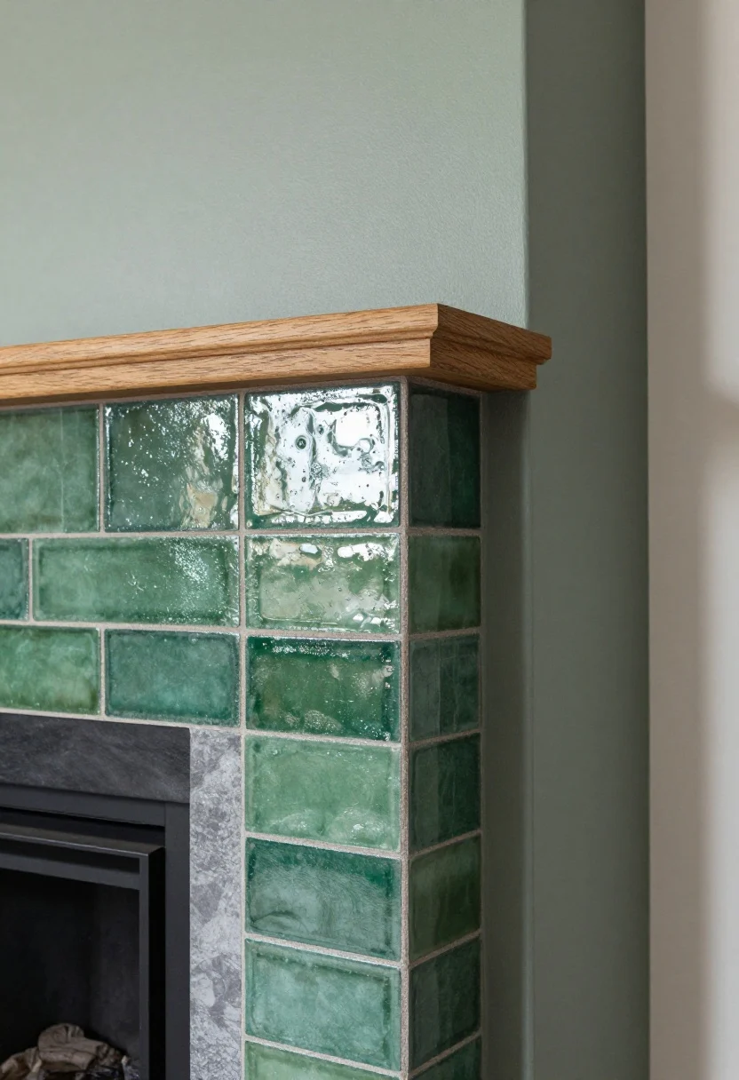 Detail closeup, slightly angled: Glossy green zellige tiles on a fireplace surround, showing handmade variation and subtle glimmer; warm gray grout lines visible. Adjacent matte wall contrasts the shine, with a simple wooden mantel edge entering frame. The hearth below is honed slate, understated to let the green tile sparkle. Soft evening light enhances reflections without glare. Photorealistic, no people.