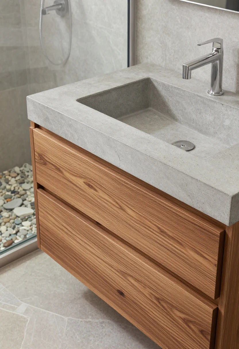 Detail closeup: The “holy trinity” materials—concrete vanity top in concrete-look quartz with rift-cut oak drawer fronts, adjacent slate floor transitioning to a teak bench, and a glimpse of a river stone shower floor meeting a steel-framed door threshold. Emphasize textures: oak grain, slate cleft, pebble stones, oiled teak. Slightly diffused natural light, sealant sheen subtly visible, overhead angle, photorealistic.