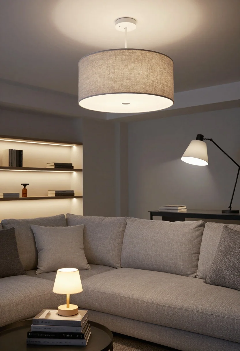 Detail/medium lighting focus: A layered lighting scheme in a grey-and-white living room at dusk. Show a dimmable ceiling fixture with a linen drum shade (ambient), a black swing-arm sconce with a white shade over the sofa for task lighting, and a small table lamp on a stack of books providing a warm accent glow. Optionally include discrete LED strip lighting behind shelves. Emphasize warm 2700K–3000K bulbs, high CRI, dimmers engaged for a soft, spa-like glow. Photorealistic; no people.