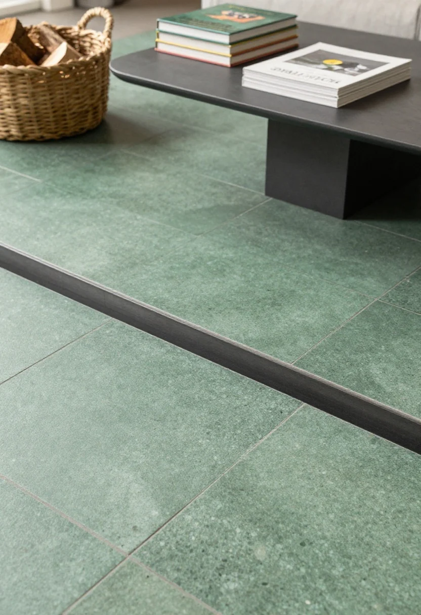 Detail/overhead hybrid: An overhead view of a hearth tiled in green terrazzo or slate, showing subtle flecks and durable finish; a clean metal schluter edge or precise stone border frames the tile. Nearby, a chunky woven basket holds kindling, and a low stack of design books on the adjacent coffee table echoes green tones on their covers. Lighting is natural and even, highlighting the color without glare. Photorealistic, no people.