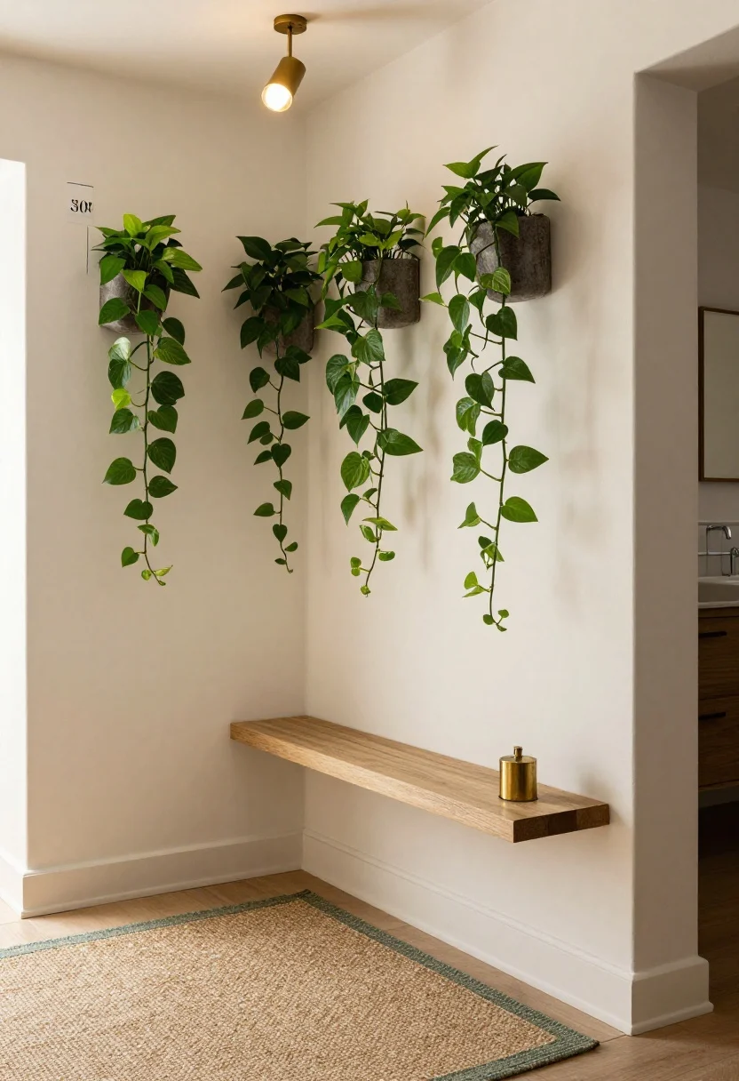 Detail shot of layered texture in a hallway vignette: wall-mounted planter with trailing pothos on a narrow console shelf, a jute/sisal-look runner with a subtle green border underfoot, and a small oxidized brass sconce nearby; above, a mini-pendant glimpsed with at least 80 inches clearance; warm 3000K high-CRI lighting enriching greens and natural fibers; corner angle closeup highlighting texture and finishes; photorealistic.
