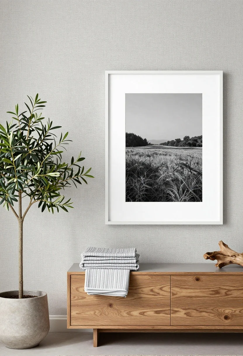 Medium art-and-textile vignette: A serene wall with subtle pattern and nature elements. Feature a light grey grasscloth wallpaper or a tone-on-tone micro-print on one wall, a large black-and-white photograph with an oversized white mat in a white frame hung over a pale grey console. On the console: folded textiles with small-scale pinstripes and tiny checks in greys and whites. To one side, a tall olive tree in a matte stone planter; include a bleached-oak sideboard or a small driftwood sculpture for warmth. Soft, indirect daylight; photorealistic.