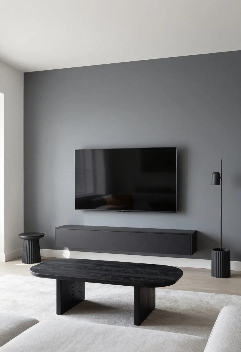 Medium corner angle: A balanced grey-and-white space with strategic contrast—deeper grey painted media wall framing a wall-mounted TV, charcoal-stained wood coffee table with rounded edges, and black or deep grey metal window frames. The rest of the room is soft and light with a pale grey sofa and white walls. Add sculptural elements for shadow and shape: a fluted side table, a ribbed planter, and a slim sculptural floor lamp. Soft afternoon light creating gentle shadows; photorealistic; no people.