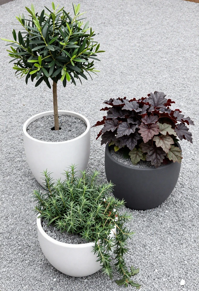 Medium corner-angle shot of styled containers on gravel: a tight trio grouping of large 18–24 inch pots—matte charcoal and white ceramics set on cool-toned gravel—featuring one tall thriller (compact olive tree), one mounding filler (deep-toned heuchera), and one trailing spiller (trailing rosemary or silvery dichondra) cascading over the rim; each pot top-dressed with matching gravel mulch to reduce splashes and unify the look; soft natural light enhancing matte finishes; surrounding cool gray gravel backdrop for contrast.