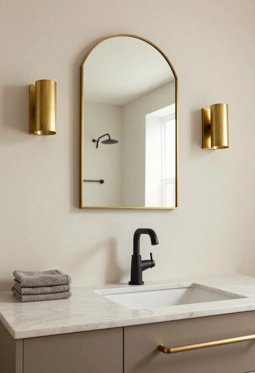 Medium shot: A vanity wall showcasing mixed metals—matte black faucet and black steel shower frame as the anchor, aged brass framed pivot mirror and brass caged sconces as warm accents, brushed nickel towel bar and cabinet hardware as utility finishes. Neutral microcement wall backdrop, restrained palette of three finishes only, soft even lighting highlighting metal tones, straight-on view, photorealistic.