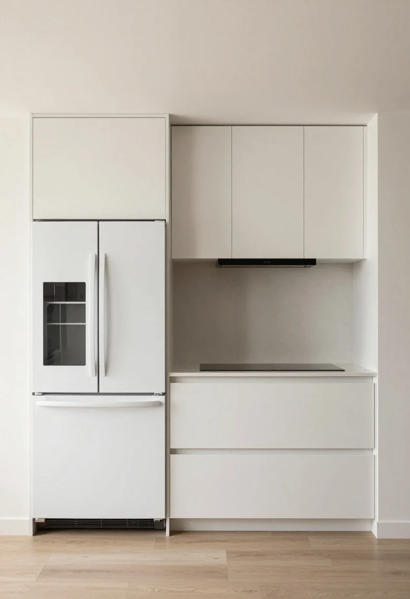 Medium shot: Appliance zone split by style—primary view favors minimalism with panel-ready fridge and dishwasher matching cabinet fronts, a flush-trim induction cooktop, and a low-profile hood hidden in cabinetry so the ceiling-height backsplash remains the star; subtle note of drama via a glass-front beverage fridge on the side; include 36-inch counter-depth proportions and paneled appliance pulls that align with cabinet hardware widths; clean lines, bright neutral daylight; straight-on perspective, photorealistic.