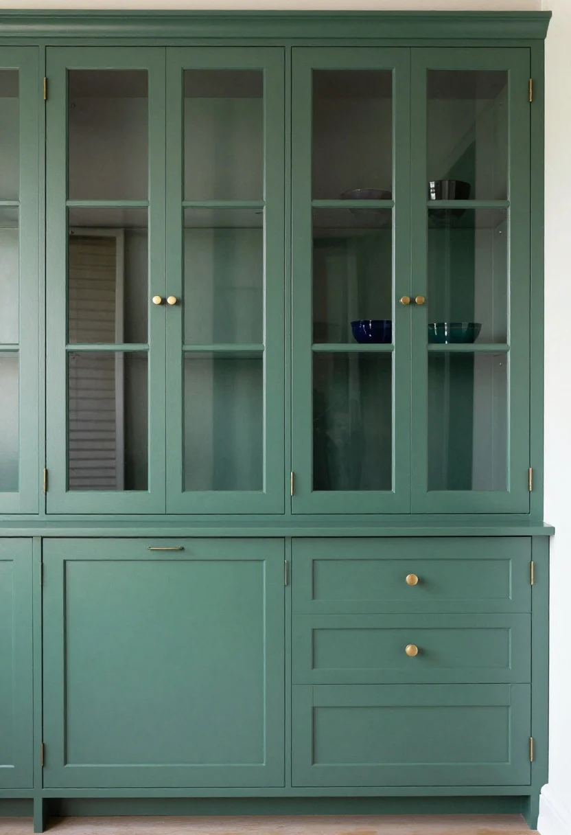 Medium shot: Color-forward cabinets with moody forest green lower Shaker doors and light uppers, brass hardware for warmth, a factory-smooth spray-finish look; include chunky pulls on drawers and sleek edge pulls on doors; one glass-front upper cabinet with the interior painted a slightly lighter green tint for depth; soft daylight, subtle reflections on inky navy-toned accessories; straight-on perspective, photorealistic.