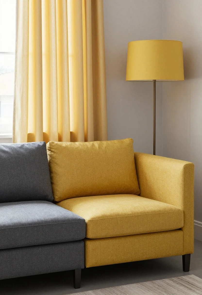 Medium shot, corner angle: A contemporary seating vignette anchored by a hero mustard-yellow statement chair beside a mid-tone grey sofa and a darker charcoal grey side cabinet. Soft daylight streams in, illuminating subtle yellow ticking-stripe drapes at the window and a yellow drum-shade table lamp that warms the scene. The palette layers two greys (mid and dark) with the committed hero yellow, creating a balanced, modern look.