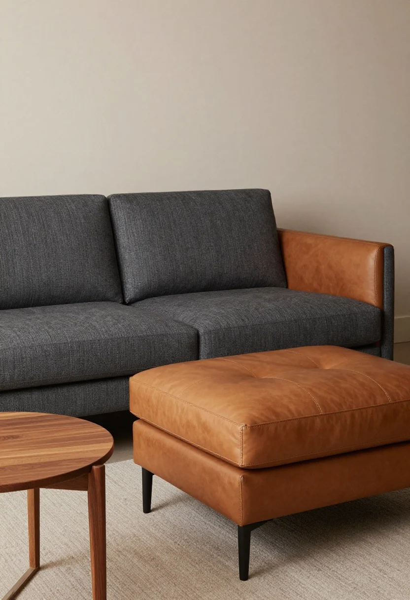 Medium shot, corner angle: Focus on a structured track-arm sofa in charcoal fabric (84–92 inches wide) paired with a cognac leather hero chair (mid-century lounge style) on the diagonal. A leather ottoman replaces a recliner, showing clean lines and better proportions. High-performance textured upholstery reads taut and tailored. Neutral backdrop in deep taupe, warm wood side table in walnut, and matte black legs on the open-base chair to keep the composition light. Soft, warm evening lighting.