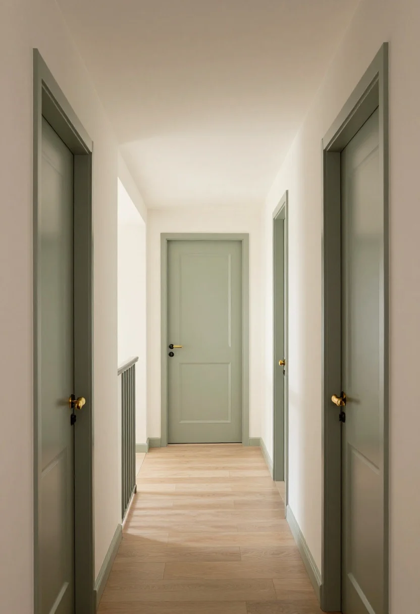 Medium shot focusing on doors and ceiling: a row of mid-tone, slightly gray-green semi-gloss doors with light neutral walls and trim; ceiling painted a whisper-light tint of the same hue (10–15% saturation), softly reflecting warm light; simple black or brass levers on doors; stair rail cap echoing the door color; balanced, cohesive rhythm along the corridor; straight-on view, photorealistic.