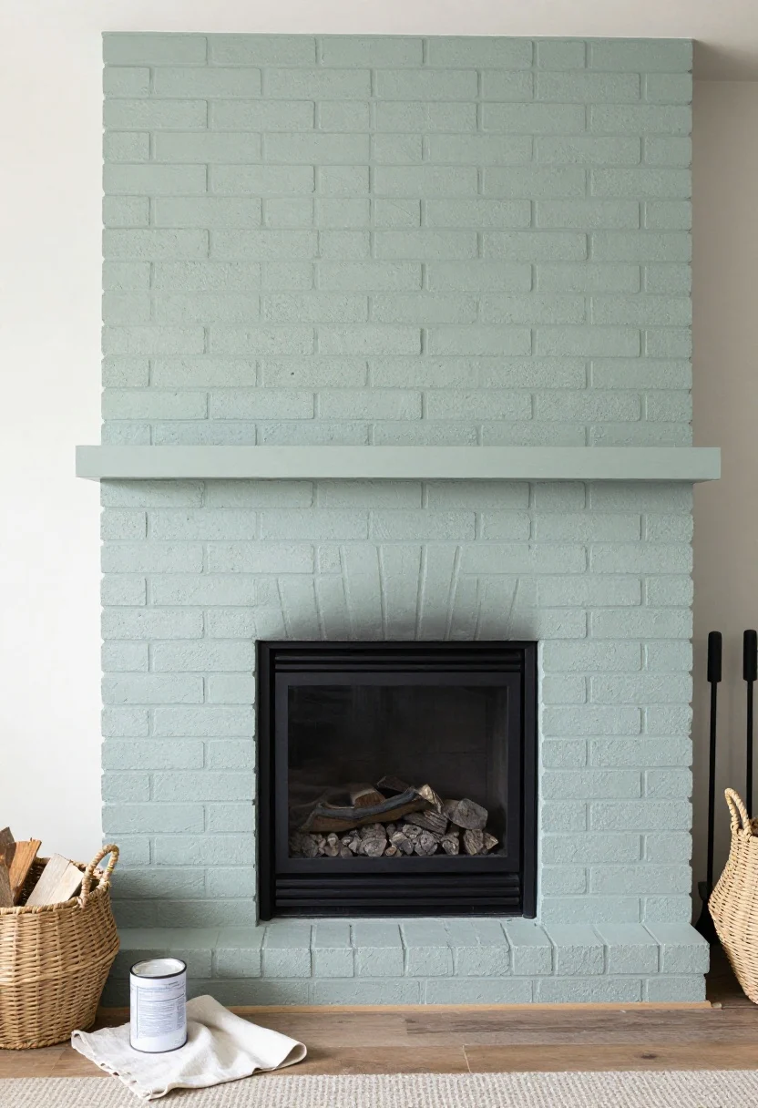 Medium shot from a corner angle: A brick fireplace painted muted sage with a hint of gray, the brick texture still visible beneath the paint. Masonry primer can is visible on a nearby drop cloth as a subtle nod to proper prep. Styled with woven baskets for kindling, linen drapes filtering coastal light, and matte black fireplace tools. The palette feels airy and fresh, perfect for a coastal/modern farmhouse vibe. Photorealistic, no people.