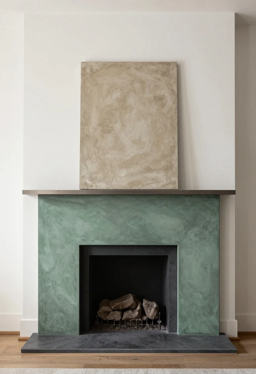 Medium shot, gallery-like straight-on: A fireplace wrapped in smoky green limewash/tadelakt-style plaster with soft tonal movement. The hearth is a dark soapstone slab in a similar depth (charcoal/ash gray). Minimalist approach: no bulky mantel—just a thin metal shelf or completely mantel-less—with one oversized sculptural art piece above. Moody, Euro-minimalist ambiance under diffused natural light. Photorealistic, no people.