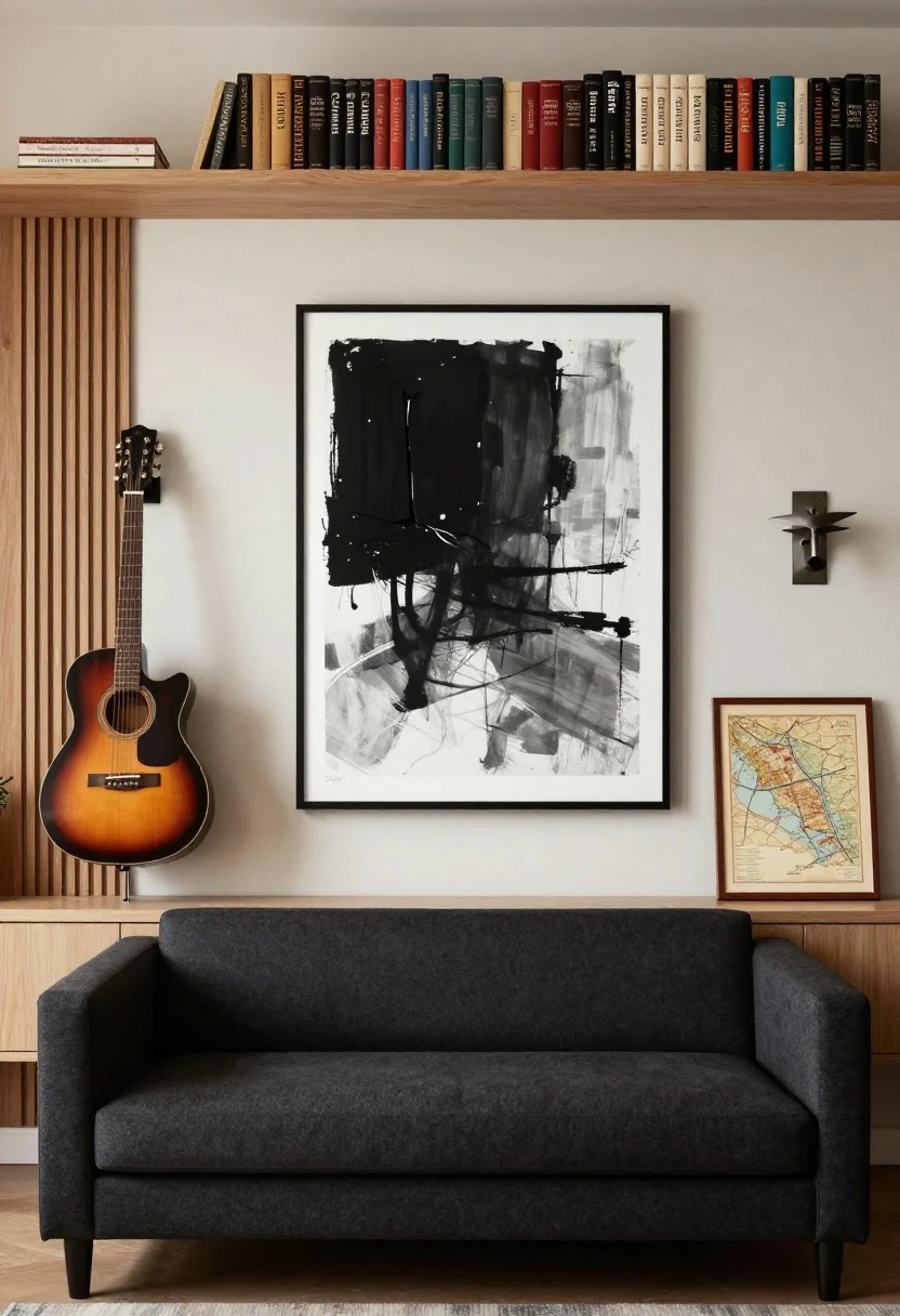 Medium shot, gallery wall focus: A bold, oversized black-and-white abstract artwork centered above a deep charcoal sofa, with negative space around it. Add texture on walls with a narrow wood slat panel section and a small metal wall sculpture to one side. A guitar on a minimalist wall mount and a framed vintage travel map lean on a nearby console. Shelves display a curated row of first-edition books—surfaces kept to about 70% capacity. Warm, indirect lighting highlights texture without visual clutter.