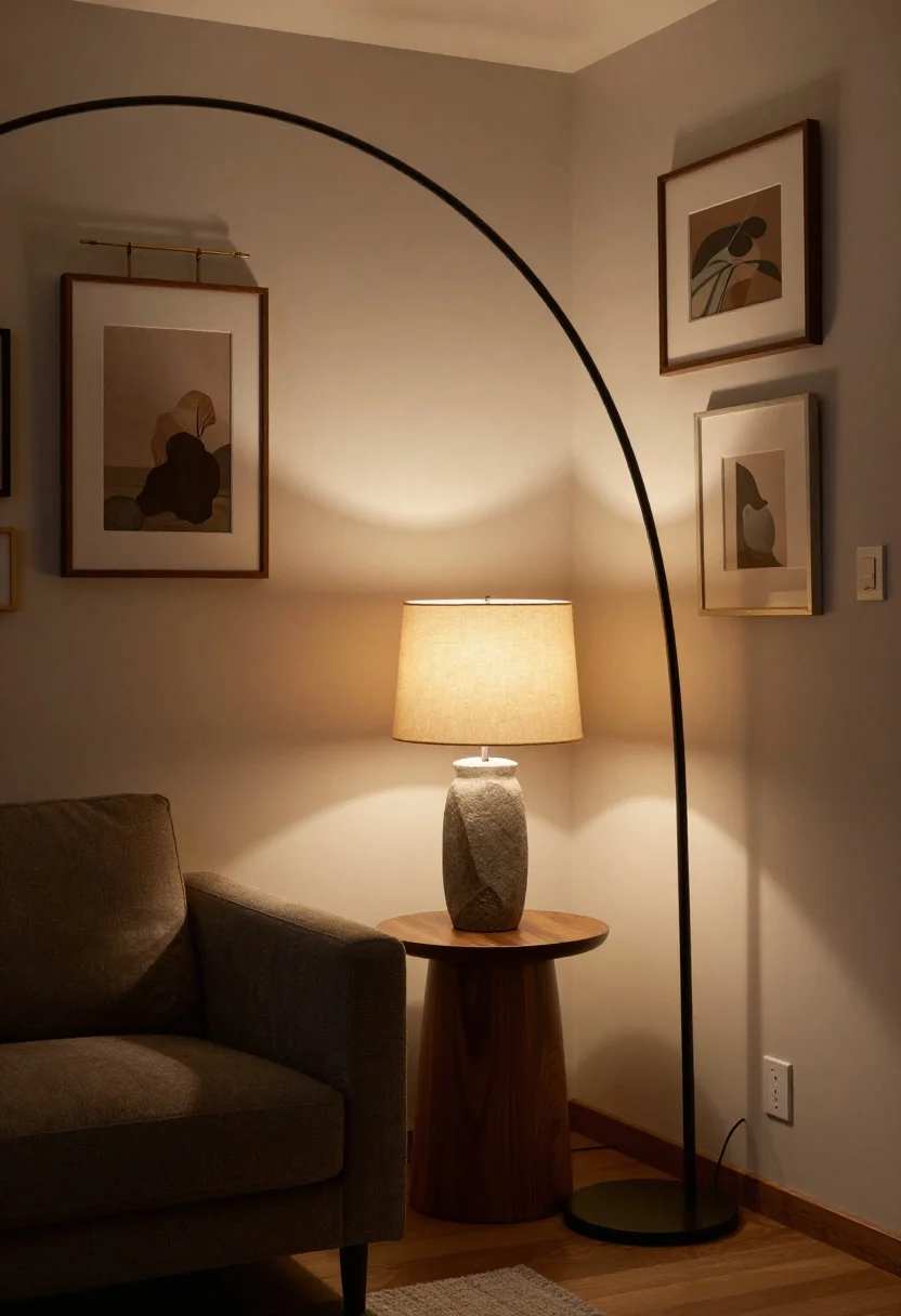 Medium shot, moody corner: Layered lighting composition—an arc floor lamp in matte black bathing a seating area in warm 2700–3000K light, a stone-base table lamp with a linen shade on a walnut side table, and slim antiqued-brass picture lights flanking framed art on the wall. Include a dimmer switch on the wall and gentle pools of light highlighting leather, wood grain, and textured textiles. No overhead glare, just warm, directional illumination; rich, cozy ambiance.