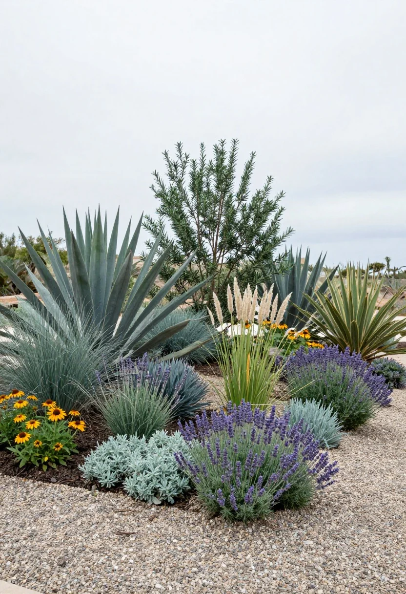Medium shot of a drought-tolerant gravel planting bed with Mediterranean and prairie mix: sculptural anchors like Agave and Yucca rostrata punctuating drifts of Stipa tenuissima and blue fescue; dwarf olive and rosemary standards as verticals; swathes of lavender, Salvia nemorosa, Achillea, Gaura, Echinacea, and Nepeta for pollinator color; thyme, sedum, and ice plant weaving through pea gravel mulch right up to plant crowns; washed angular gravel surface sparkling slightly after a light rain; neutral, overcast-bright sky lighting for soft color; groups planted in drifts of 3–7 for lush effect; straight-on garden bed perspective.
