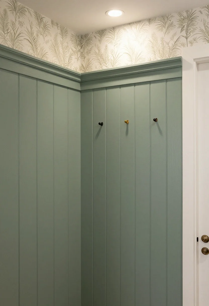 Medium shot of a hallway wall: 42-inch-high sage satin beadboard/shaker paneling with a 2–3 inch painted ledge cap, subtle wipeable wallpaper above (small botanical or grasscloth-look) softly lit by a slim picture light grazing the texture; warm white trim and doors, a few simple black or aged brass hooks spaced sparingly; corner angle to show the color split and rhythm; photorealistic, family-friendly vibe.